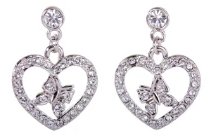 E7107 Heart & Butterfly Pave Rhodium Plated Swarovski Elements Crystal Earrings