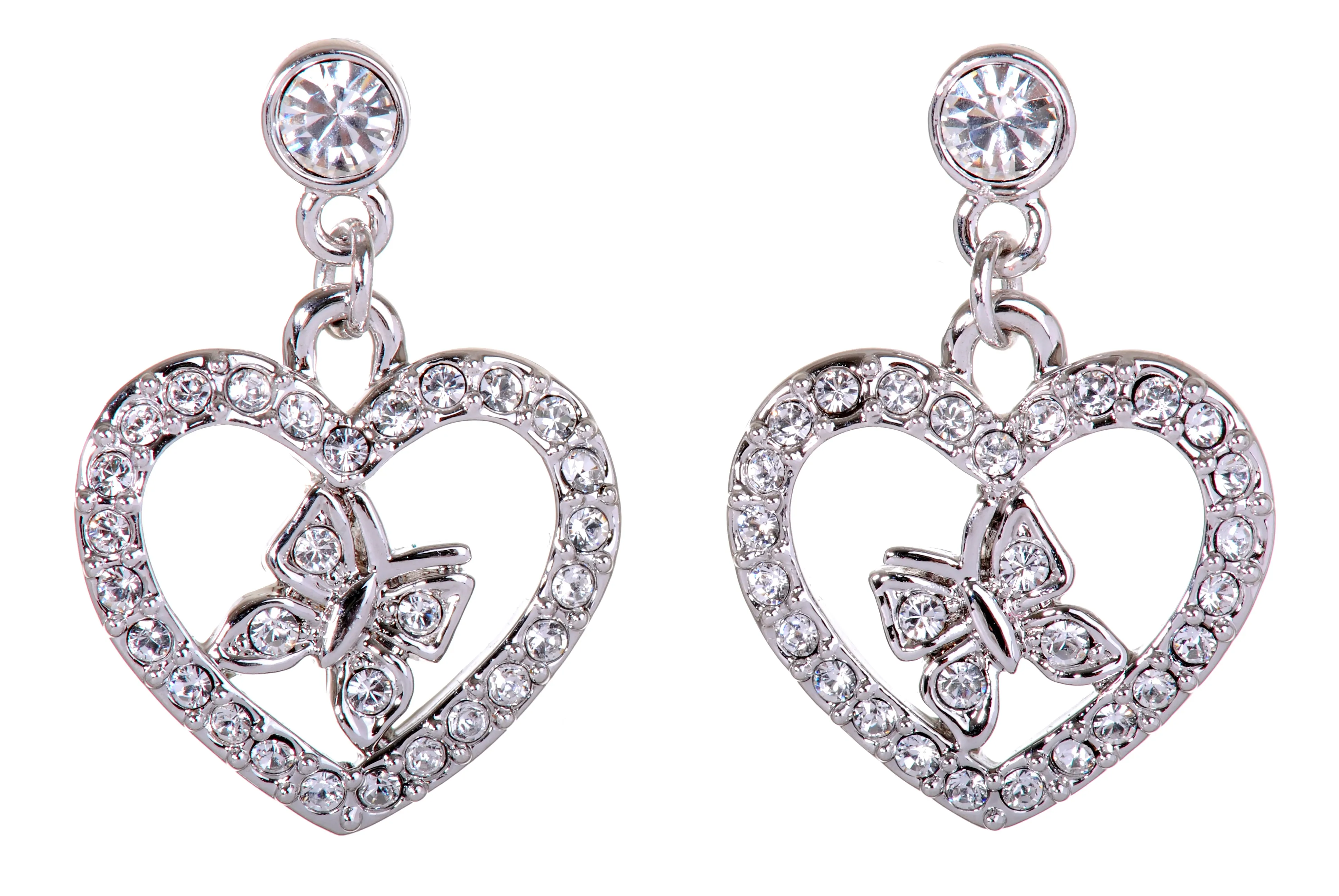 E7107 Heart & Butterfly Pave Rhodium Plated Swarovski Elements Crystal Earrings