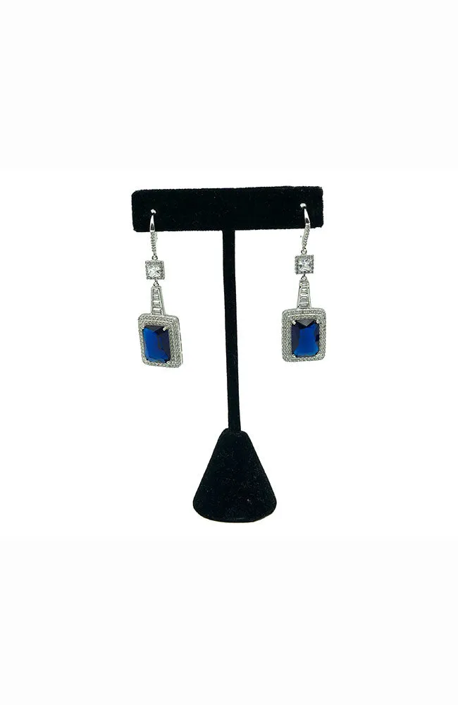 Earring CZ Surround Blue Square Stone