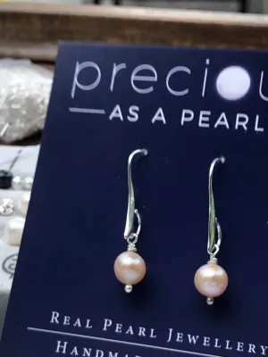 Earrings: Single pearl drop earrings on longer hook classic