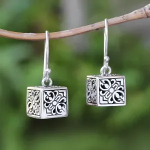 Elegant Dice Sterling Silver Cube Dangle Earrings from Bali