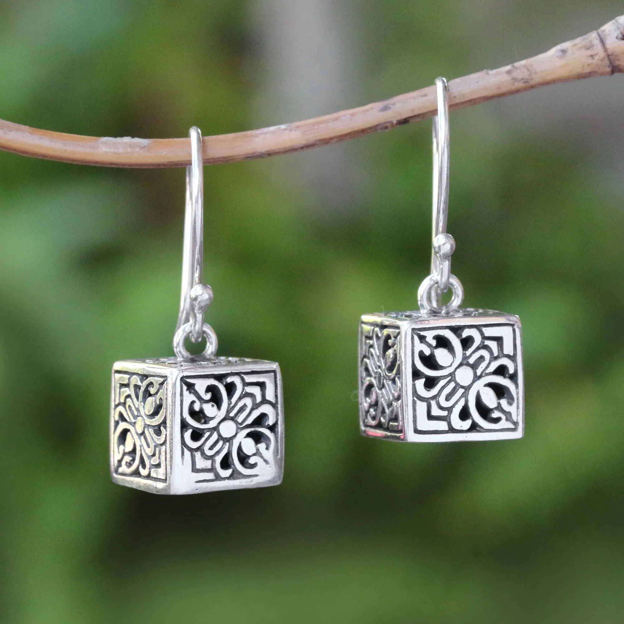 Elegant Dice Sterling Silver Cube Dangle Earrings from Bali