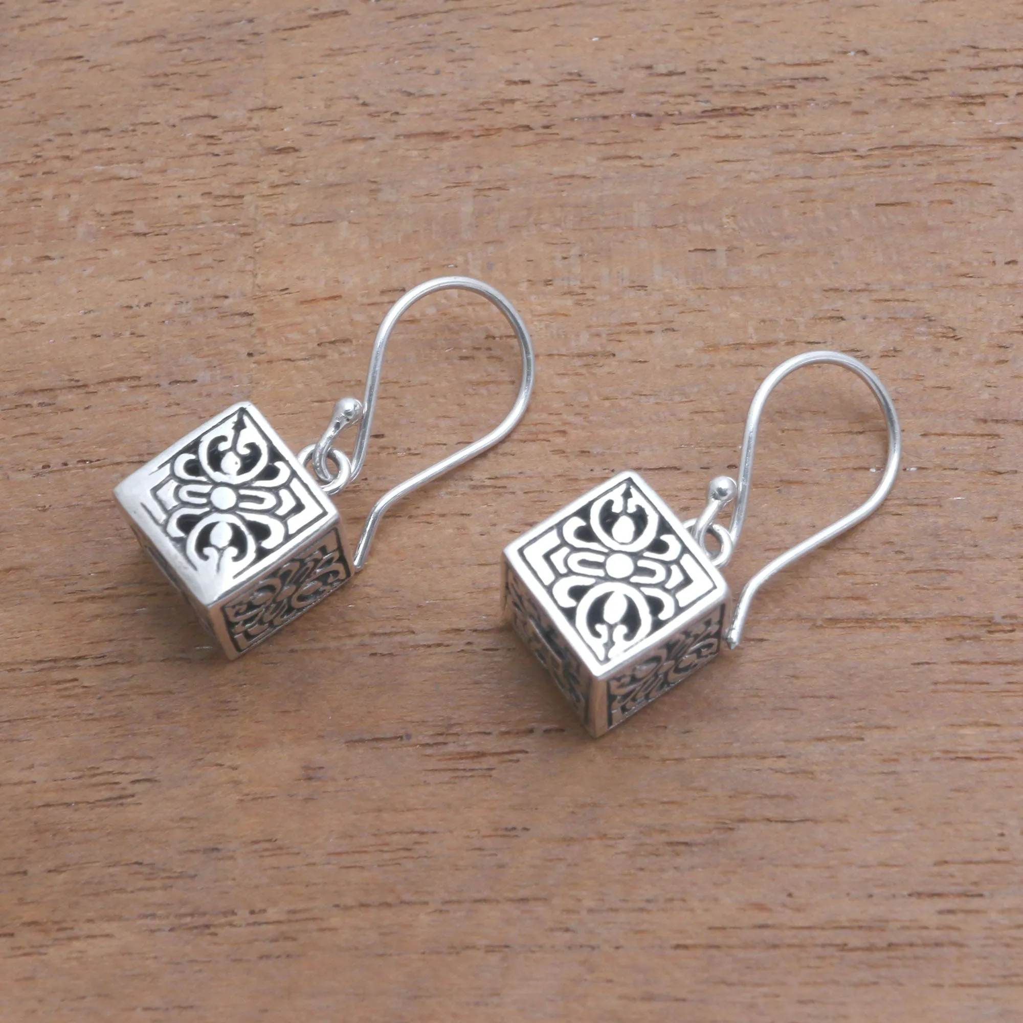 Elegant Dice Sterling Silver Cube Dangle Earrings from Bali