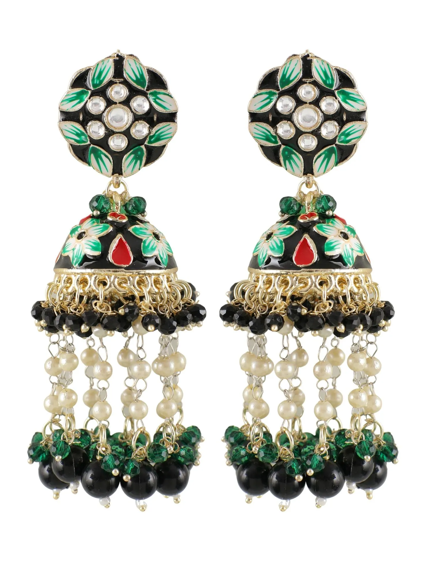 Elegant Green Floral Meenakari Jhumka Earrings with Pearls for Women