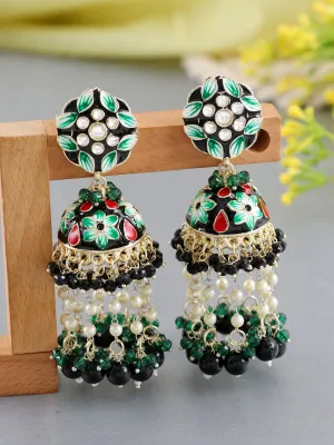 Elegant Green Floral Meenakari Jhumka Earrings with Pearls for Women