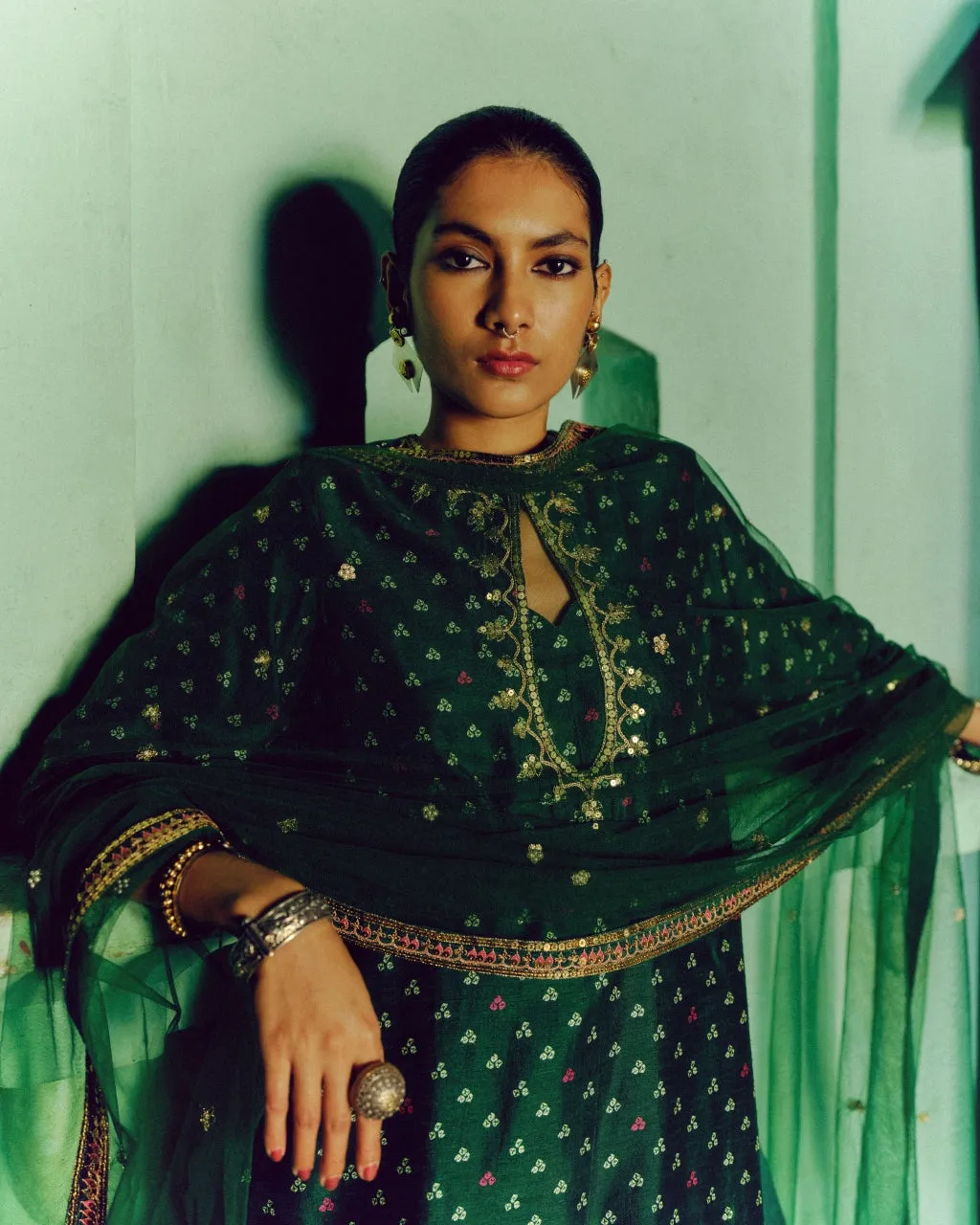 Emerald Green Bandhej Kurta Set