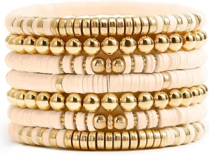 EMUFOOK Gold Beaded Bracelets for Women and Men Bohemian Friendship Bracelets Clay Bracelets Vinyl Disc Stretch Layering Stackable Bead Bracelets Summer Surfer Heishi Beach Jewelry Kit