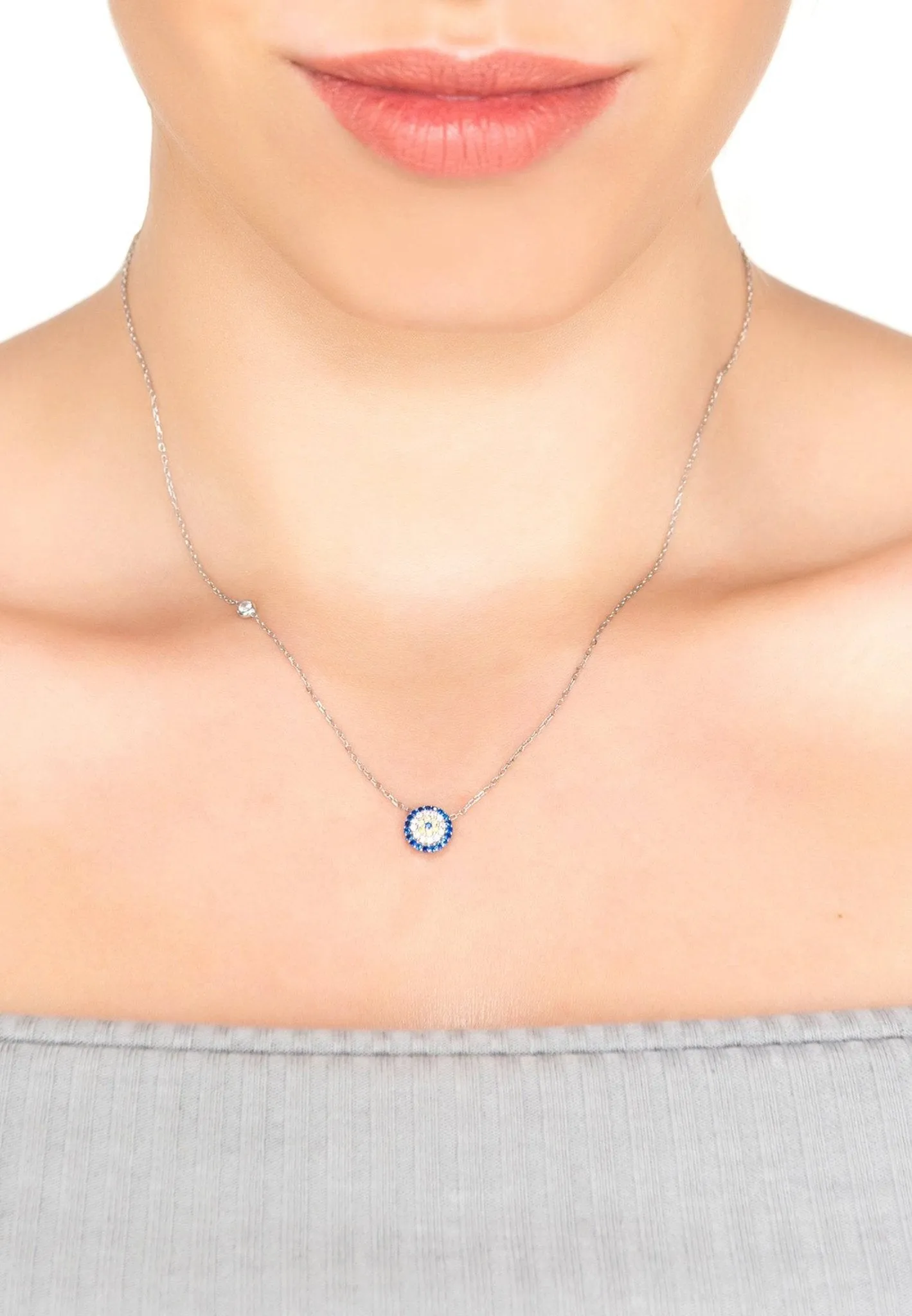 Evil Eye Pendant Necklace in Silver with Zircon Stones