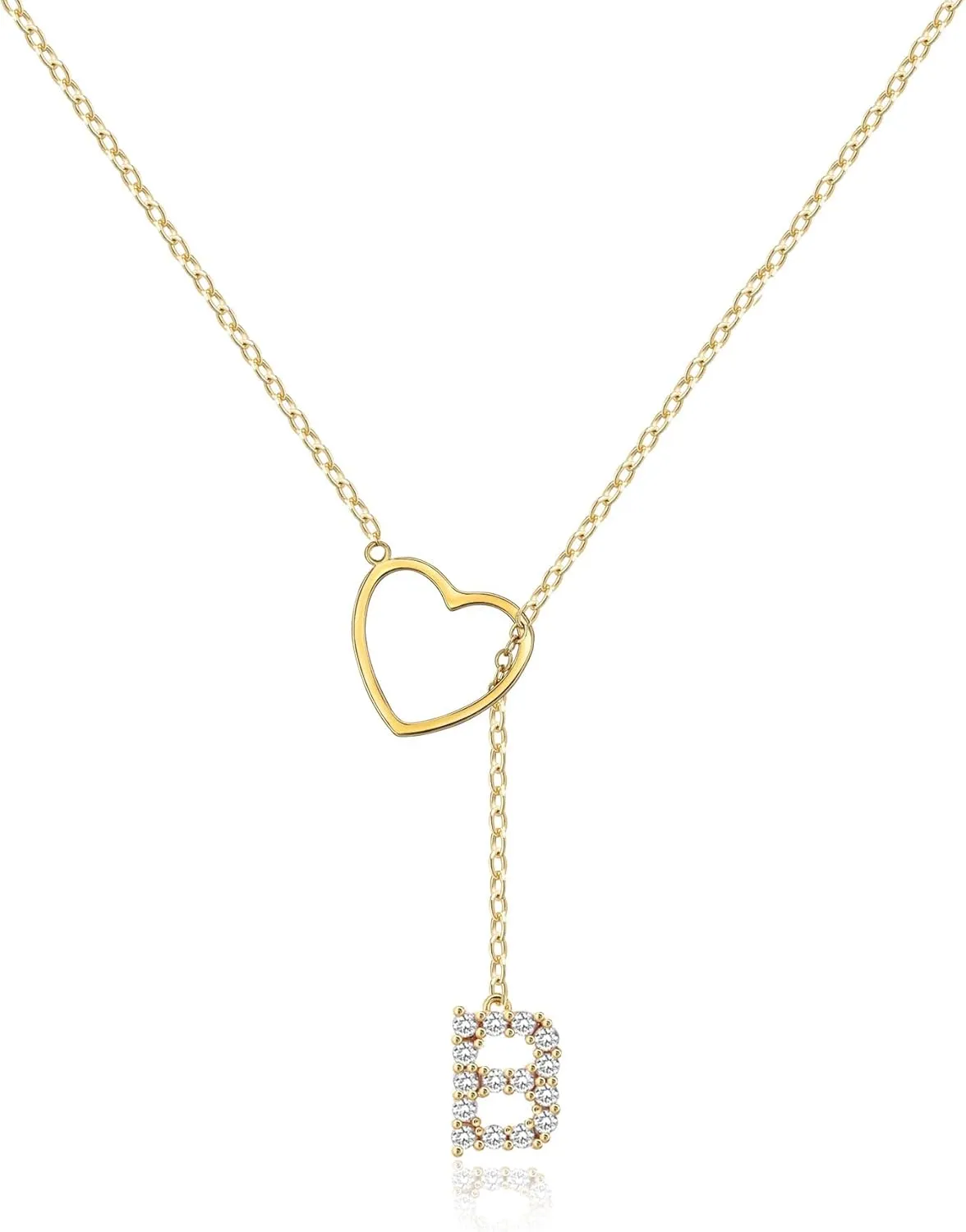 Ewrkbr Initial Necklaces for Women,14K Gold Plated Long Heart Necklace Dainty Gold Lariat Initial Necklaces for Women Trendy Simple Heart Letter Necklace Charm Gold Necklaces Non Tarnish Gold Jewelry