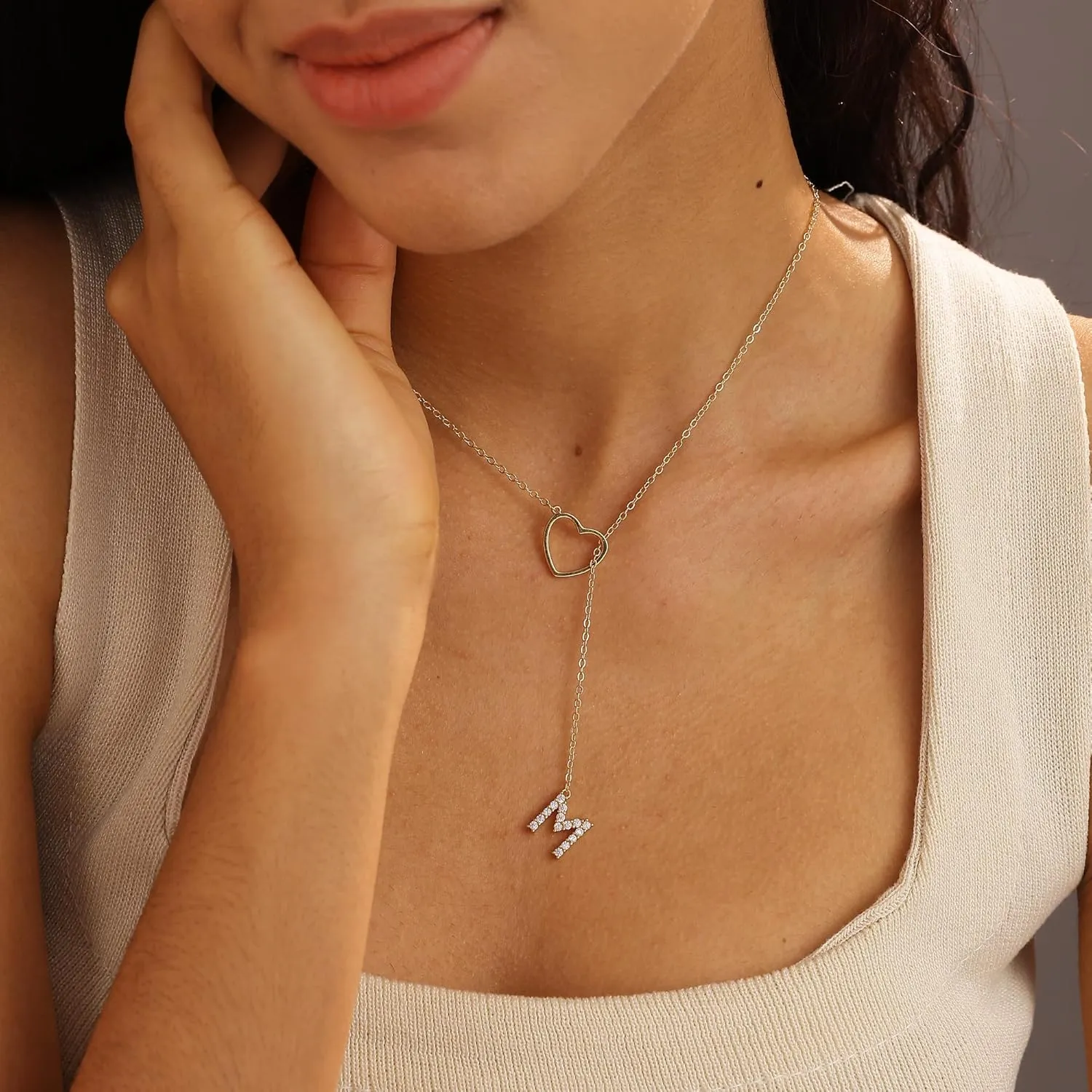 Ewrkbr Initial Necklaces for Women,14K Gold Plated Long Heart Necklace Dainty Gold Lariat Initial Necklaces for Women Trendy Simple Heart Letter Necklace Charm Gold Necklaces Non Tarnish Gold Jewelry