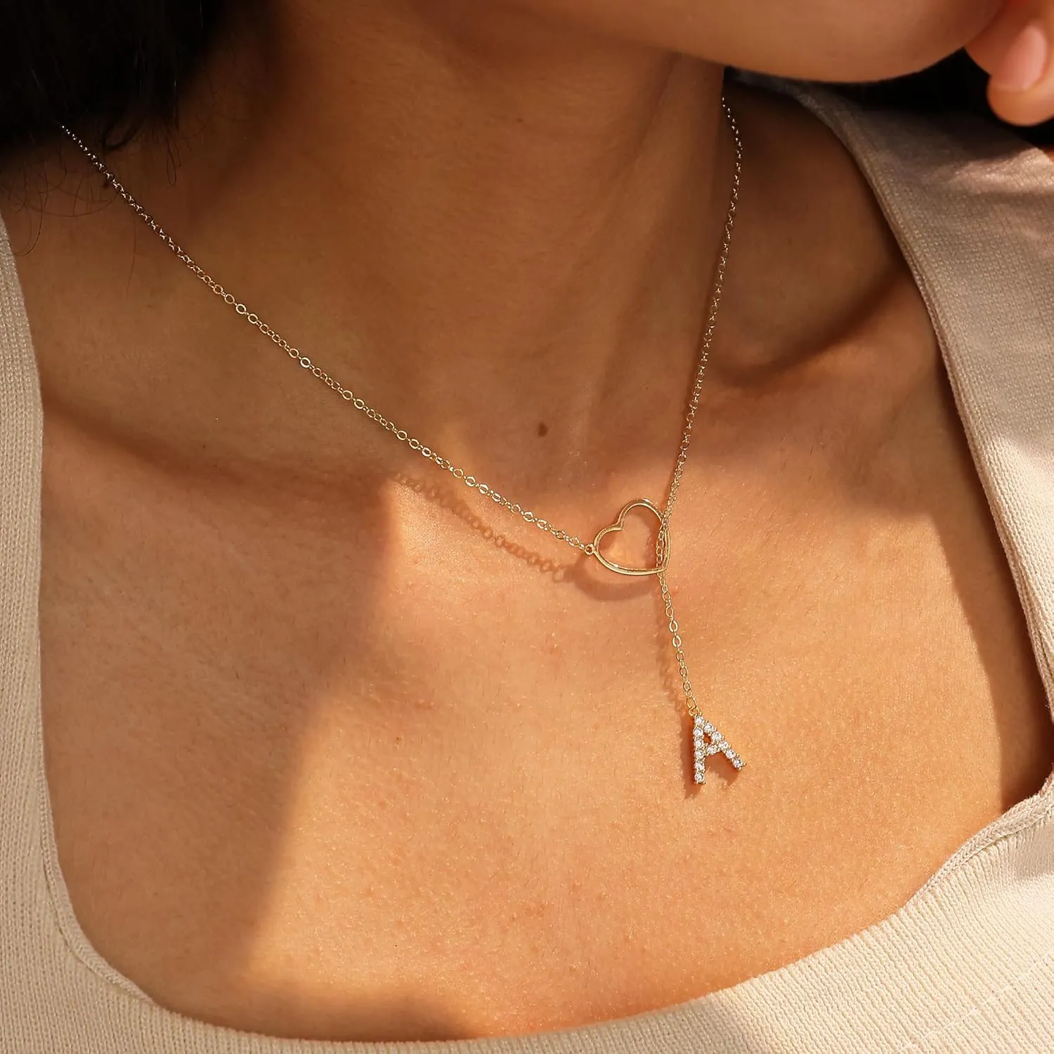 Ewrkbr Initial Necklaces for Women,14K Gold Plated Long Heart Necklace Dainty Gold Lariat Initial Necklaces for Women Trendy Simple Heart Letter Necklace Charm Gold Necklaces Non Tarnish Gold Jewelry
