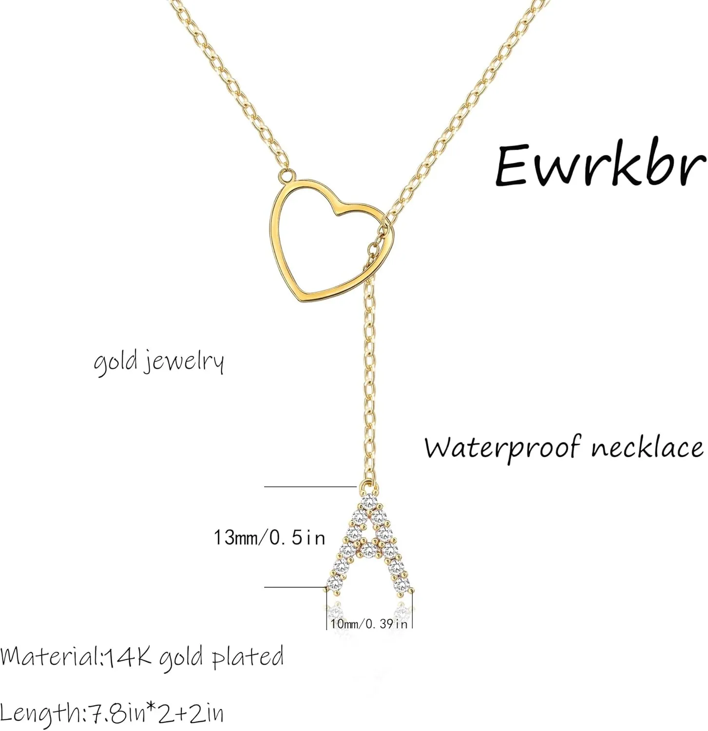 Ewrkbr Initial Necklaces for Women,14K Gold Plated Long Heart Necklace Dainty Gold Lariat Initial Necklaces for Women Trendy Simple Heart Letter Necklace Charm Gold Necklaces Non Tarnish Gold Jewelry