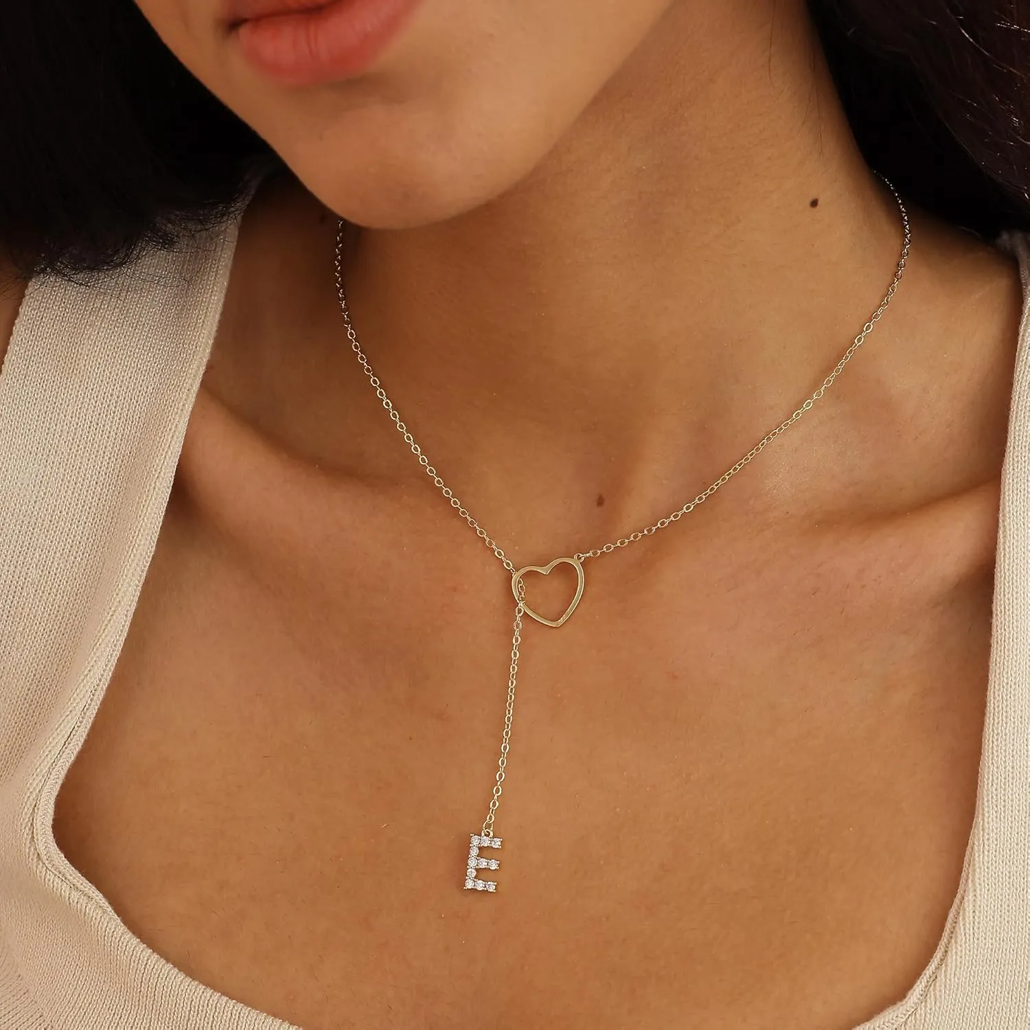 Ewrkbr Initial Necklaces for Women,14K Gold Plated Long Heart Necklace Dainty Gold Lariat Initial Necklaces for Women Trendy Simple Heart Letter Necklace Charm Gold Necklaces Non Tarnish Gold Jewelry