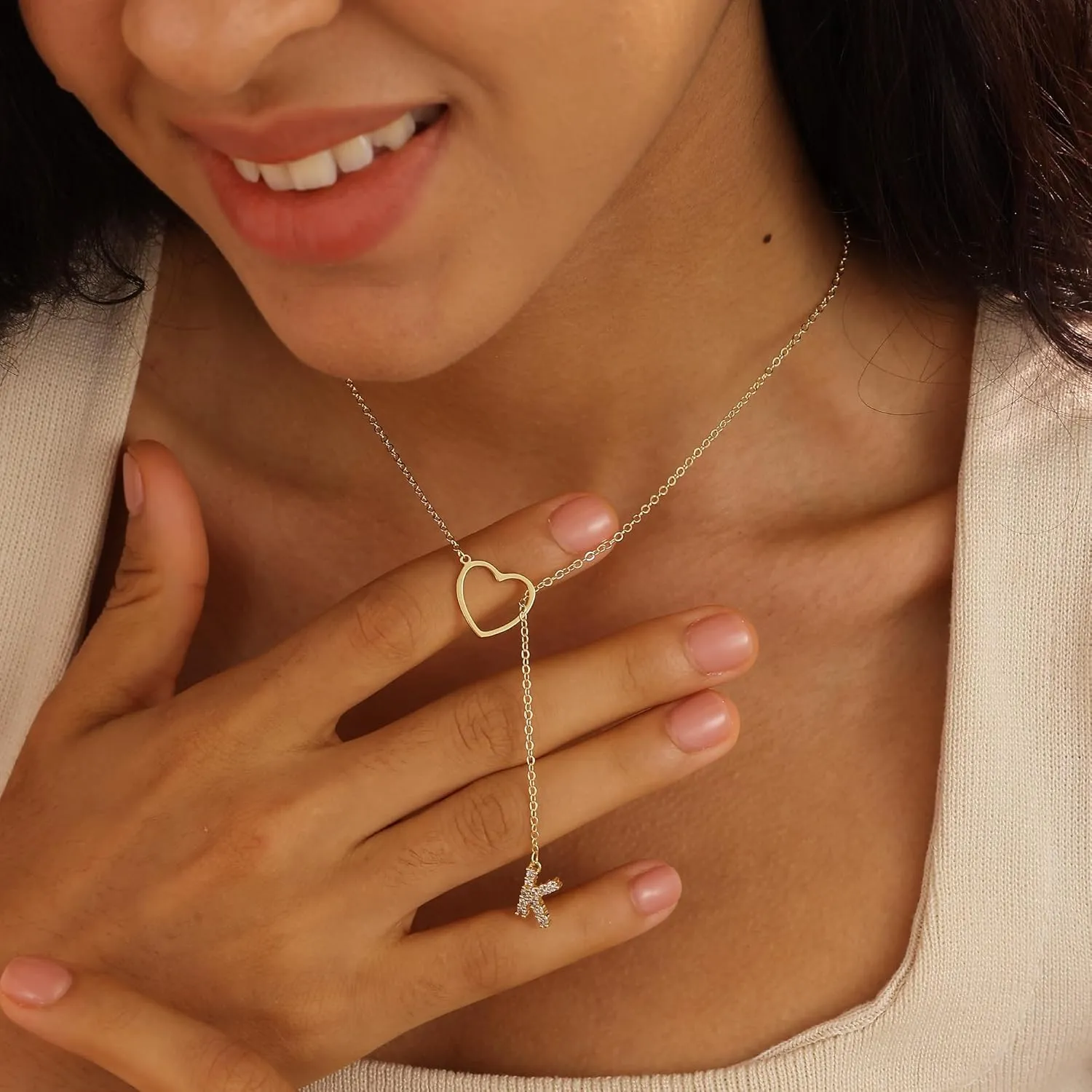 Ewrkbr Initial Necklaces for Women,14K Gold Plated Long Heart Necklace Dainty Gold Lariat Initial Necklaces for Women Trendy Simple Heart Letter Necklace Charm Gold Necklaces Non Tarnish Gold Jewelry