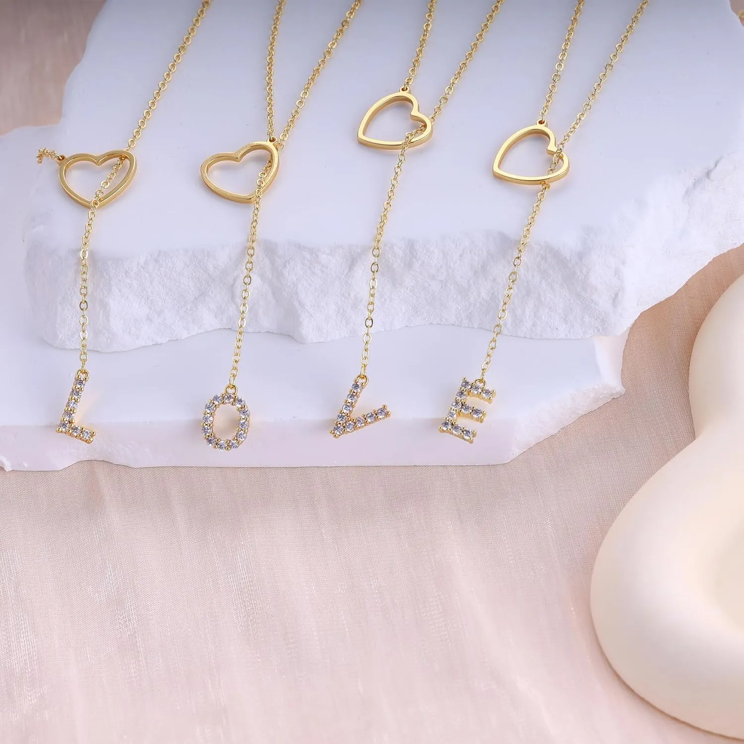 Ewrkbr Initial Necklaces for Women,14K Gold Plated Long Heart Necklace Dainty Gold Lariat Initial Necklaces for Women Trendy Simple Heart Letter Necklace Charm Gold Necklaces Non Tarnish Gold Jewelry