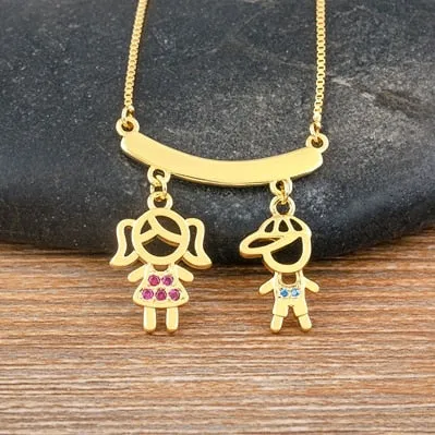 Exquisite Gold Plated Mom Daughter Necklace Girl Boy Pendant Chain