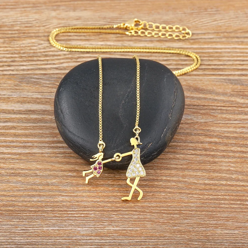 Exquisite Gold Plated Mom Daughter Necklace Girl Boy Pendant Chain