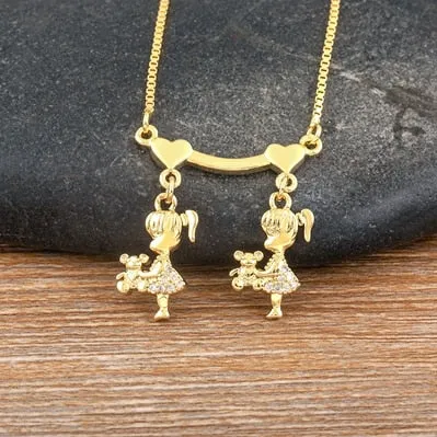Exquisite Gold Plated Mom Daughter Necklace Girl Boy Pendant Chain