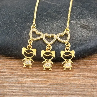 Exquisite Gold Plated Mom Daughter Necklace Girl Boy Pendant Chain