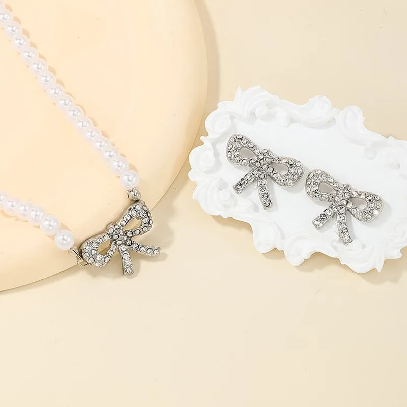Exquisite Metal Bow Jewelry Set with Elegant Earrings and Necklace - Vienna Verve Collection