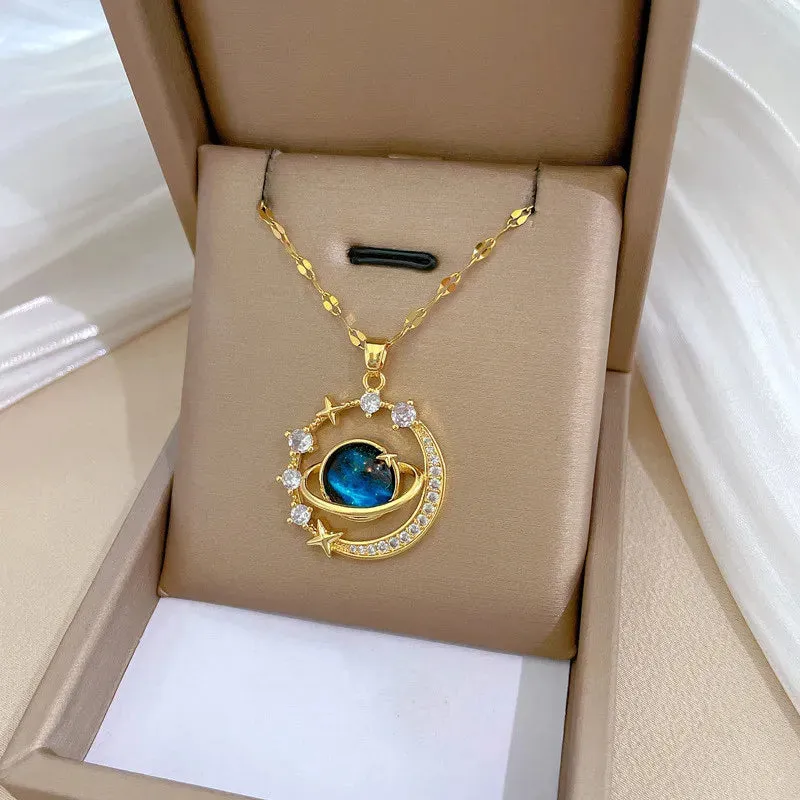 Exquisite Planet Moon Stars Pendant Crystal Necklace Chain for Women Clavicle Charm Jewelry Accessories