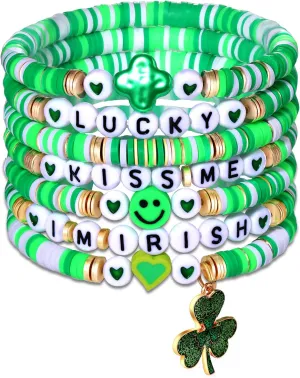 FAERLIIRY St. Patrick's Day Bracelets for Women Beaded Bracelets Preppy Surfer Stretch Bracelets Green Bead Bracelets Shamrock Luck Charm Bracelet Irish Party Jewelry Decor(Green)