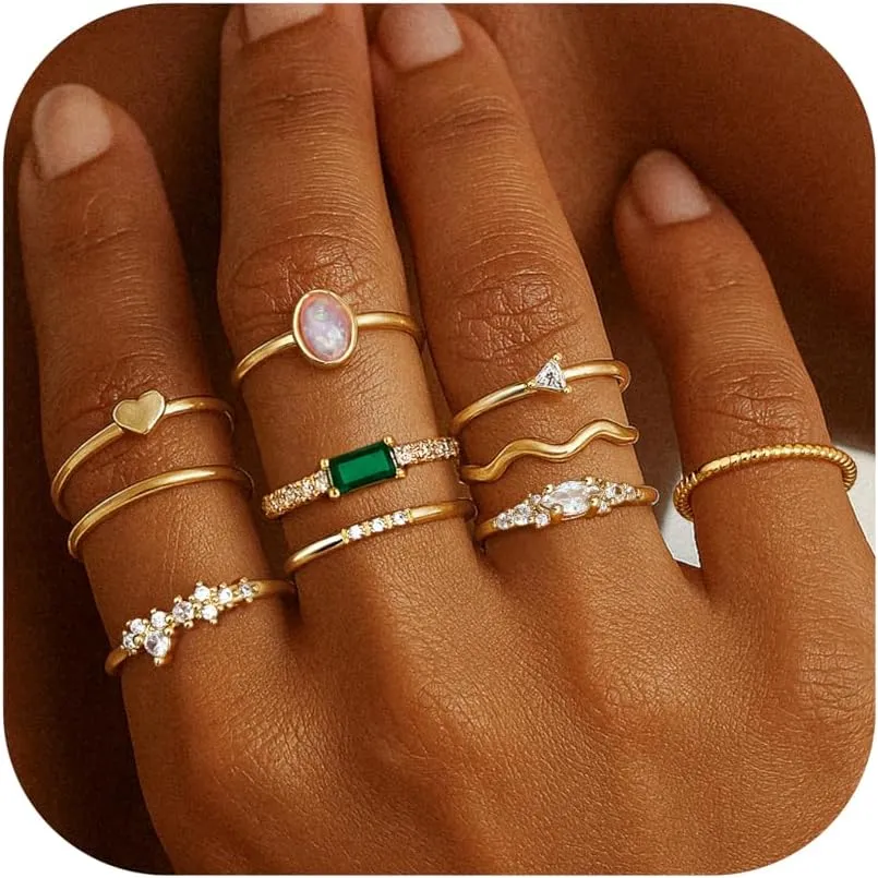 Fansilver 14K Gold Plated Stacking Rings for Women Simple Dainty Gold Stackable Knuckle Thumb Rings Heart CZ Opal Rings Plain Band Size 5-11
