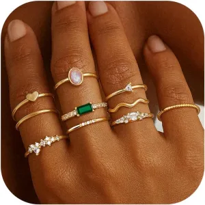 Fansilver 14K Gold Plated Stacking Rings for Women Simple Dainty Gold Stackable Knuckle Thumb Rings Heart CZ Opal Rings Plain Band Size 5-11