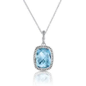 Fantasies Blue Topaz Halo Pendant Necklace in sterling silver with white topaz