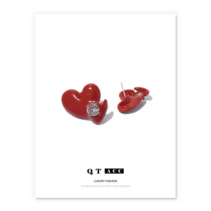 Fashion Red Heart-Shaped Ear Studs Women's Handmade Dripping Oil Is Not Easy to Fade Zircon Inlaid