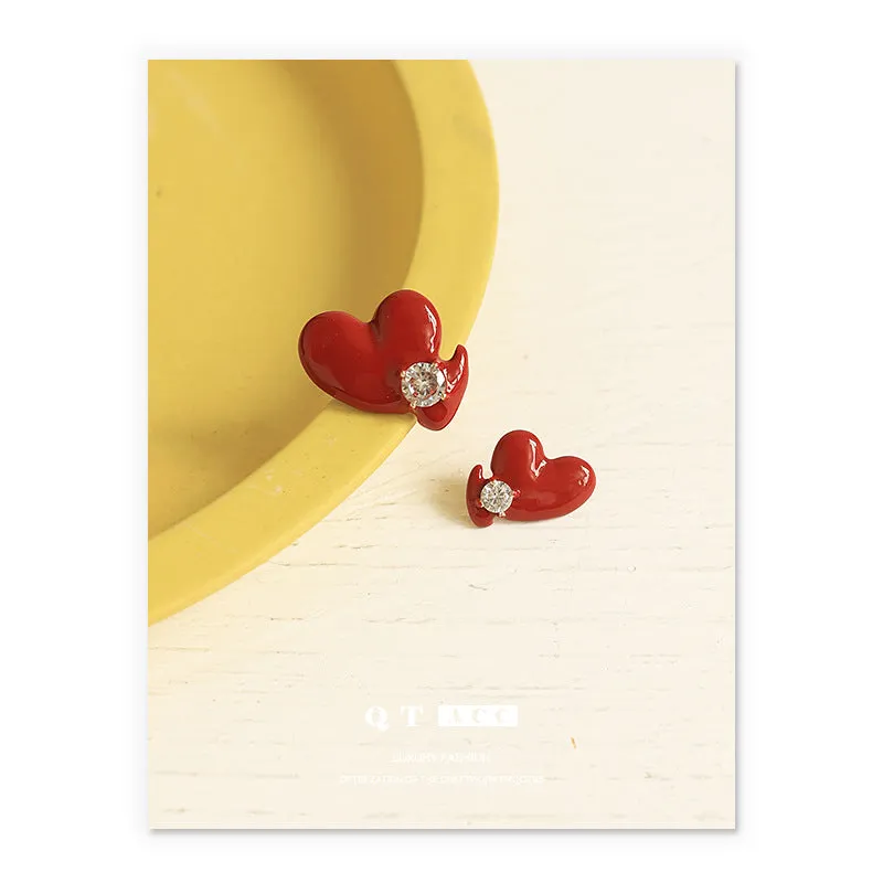 Fashion Red Heart-Shaped Ear Studs Women's Handmade Dripping Oil Is Not Easy to Fade Zircon Inlaid
