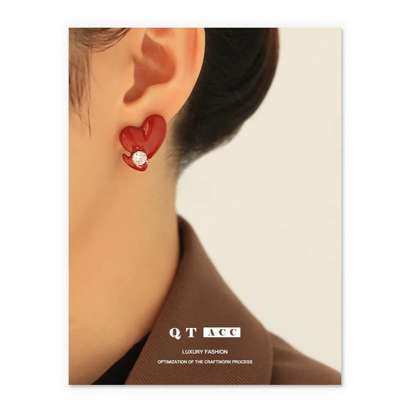 Fashion Red Heart-Shaped Ear Studs Women's Handmade Dripping Oil Is Not Easy to Fade Zircon Inlaid