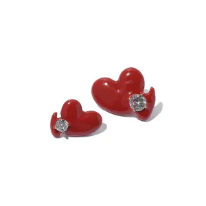 Fashion Red Heart-Shaped Ear Studs Women's Handmade Dripping Oil Is Not Easy to Fade Zircon Inlaid