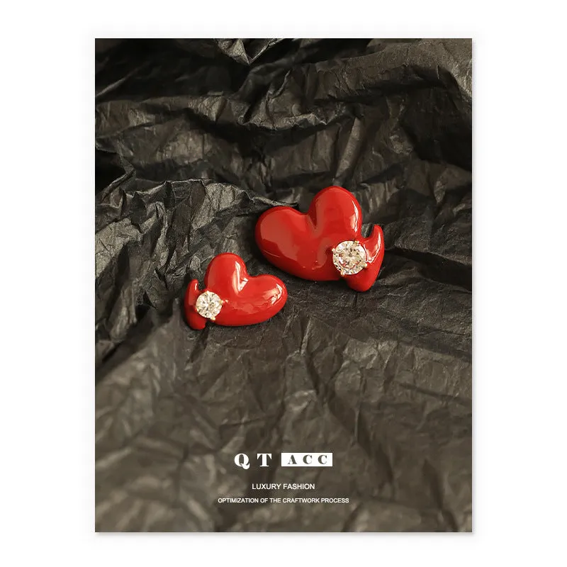 Fashion Red Heart-Shaped Ear Studs Women's Handmade Dripping Oil Is Not Easy to Fade Zircon Inlaid