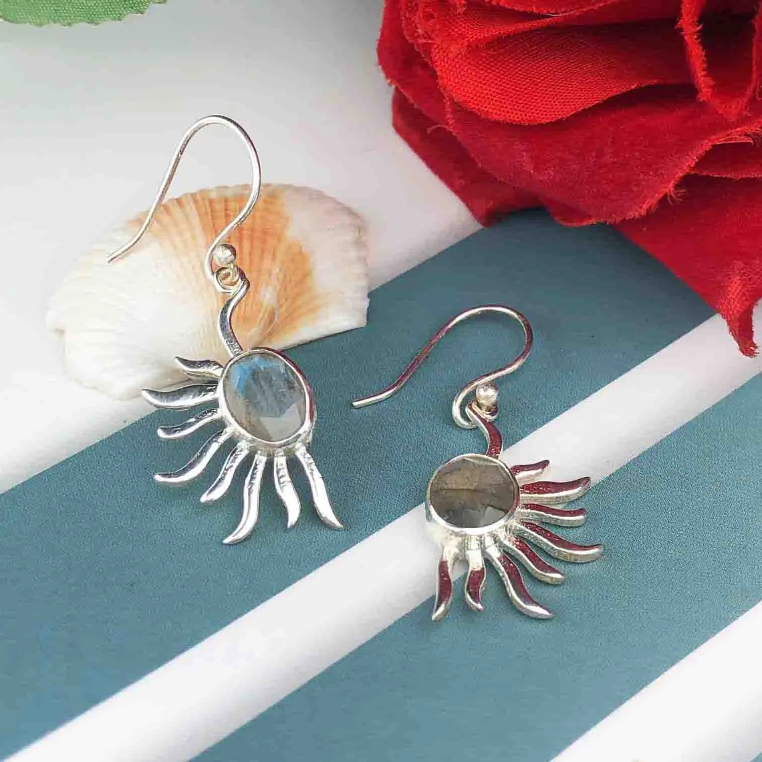 Fashionable Blue Labradorite Earrings Made of Brass Silver Polished Danglers