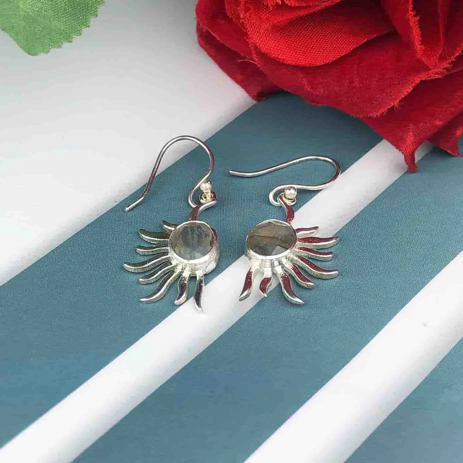 Fashionable Blue Labradorite Earrings Made of Brass Silver Polished Danglers