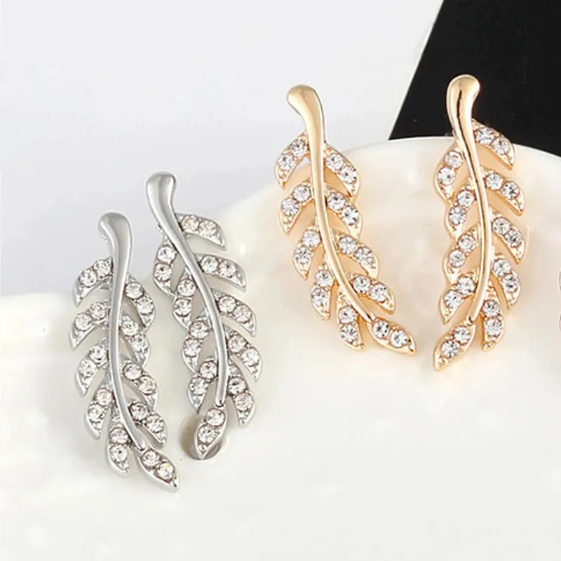 Fashionable Crystal Leaf Design Stud Women's Earrings