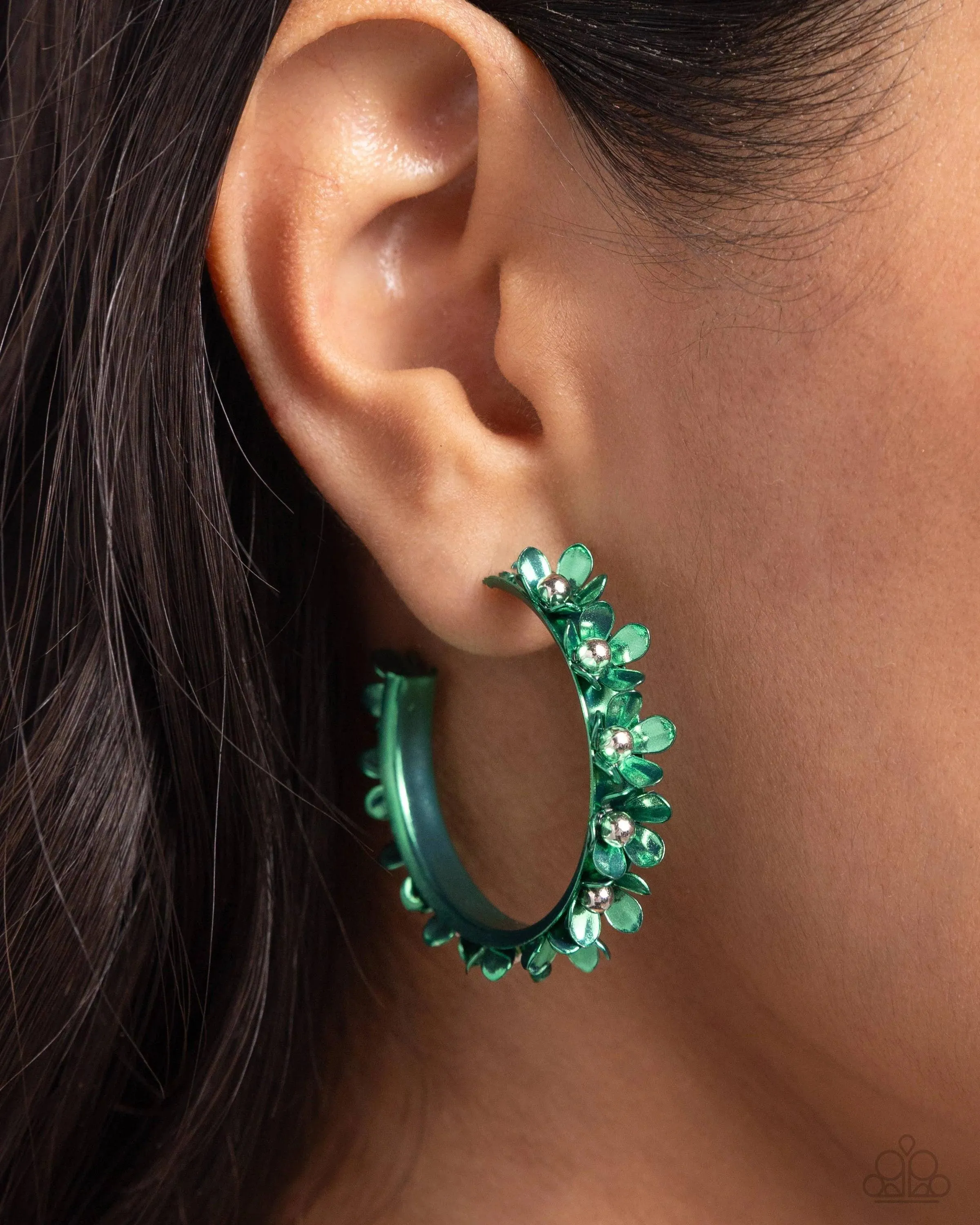 Fashionable Flower Crown - Green Hoop Earring-Paparazzi
