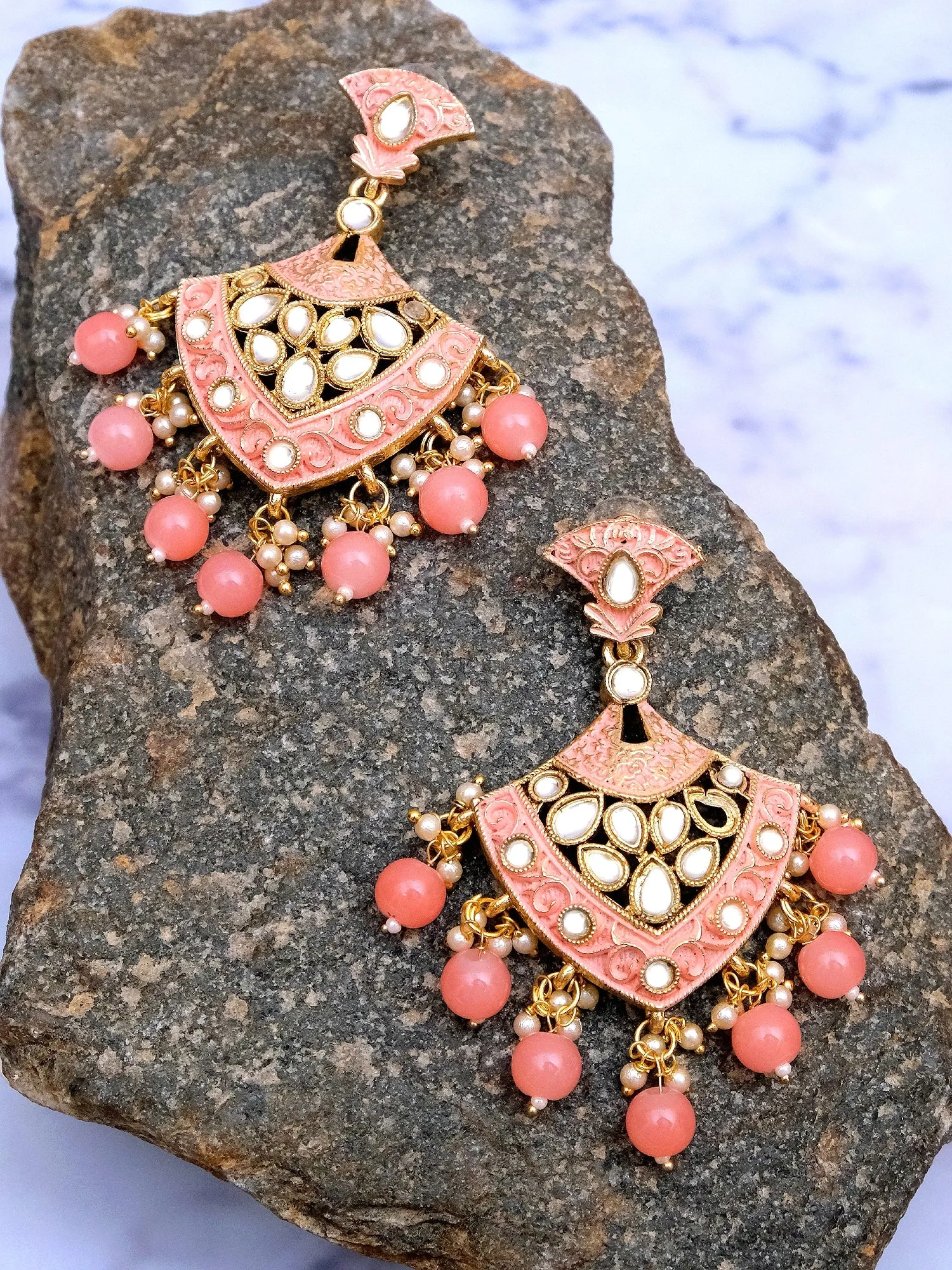 Fashionable Pink Pearl Drop Triangle Earrings For Unique Look
