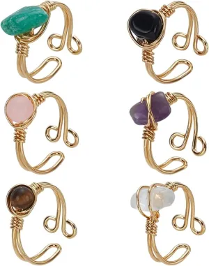 FINGERINSPIRE 6 Pcs Adjustable Gold Wire Wrapped Rings Healing Crystal Irregular Gemstone Rings Natural Black Agate Quartz Crystal Rose Quartz Amethyst Tiger Eye