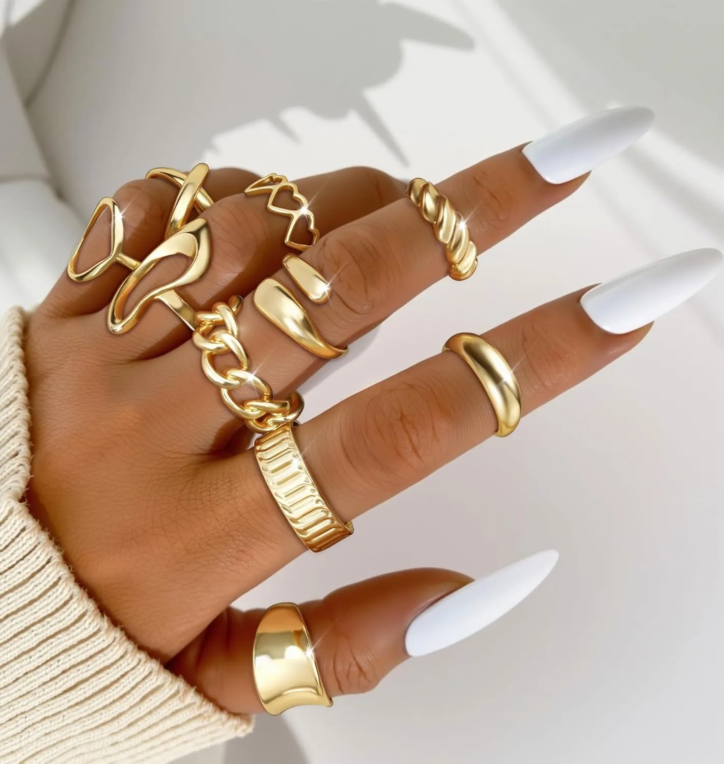 Florideco 10 PCS Chunky Gold Rings for Women Non Tarnish 18K Gold Plated Stackable Rings Adjustable Open Statement Ring Set