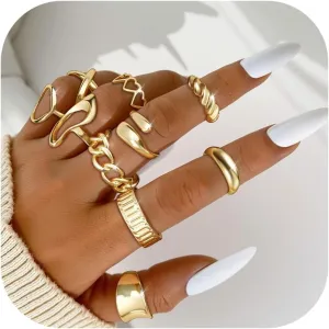 Florideco 10 PCS Chunky Gold Rings for Women Non Tarnish 18K Gold Plated Stackable Rings Adjustable Open Statement Ring Set
