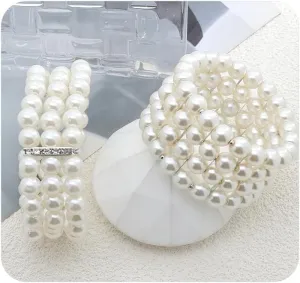 FUTIMELY 2Pcs Chunky Pearl Beaded Stretch Bracelet for Women,Crystal Round Pearl Ball Chain Bracelet 1920s Jewelry Accessories,Layered Stacking Bridal Bracelet (Pearl)