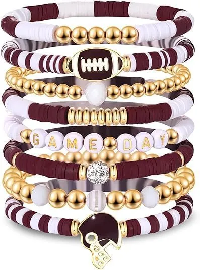 Game Day Bracelets for Women Football Bracelets Stackable Heishi Clay Beaded Stretch Bracelets Charm Sports Fan Charm Bracelet Bangles Football Mom Accessories Jewelry Gifts