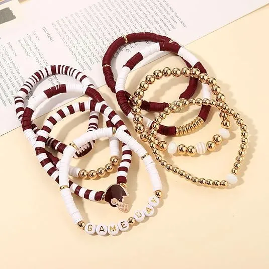 Game Day Bracelets for Women Football Bracelets Stackable Heishi Clay Beaded Stretch Bracelets Charm Sports Fan Charm Bracelet Bangles Football Mom Accessories Jewelry Gifts