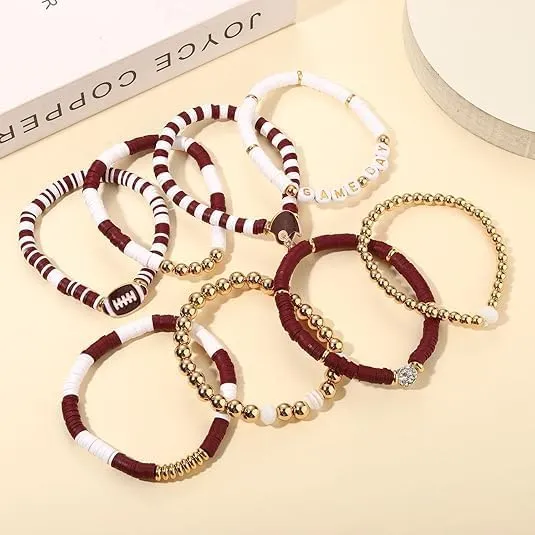 Game Day Bracelets for Women Football Bracelets Stackable Heishi Clay Beaded Stretch Bracelets Charm Sports Fan Charm Bracelet Bangles Football Mom Accessories Jewelry Gifts