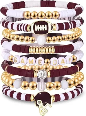 Game Day Bracelets for Women Football Bracelets Stackable Heishi Clay Beaded Stretch Bracelets Charm Sports Fan Charm Bracelet Bangles Football Mom Accessories Jewelry Gifts