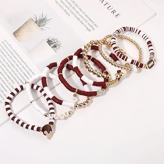 Game Day Bracelets for Women Football Bracelets Stackable Heishi Clay Beaded Stretch Bracelets Charm Sports Fan Charm Bracelet Bangles Football Mom Accessories Jewelry Gifts