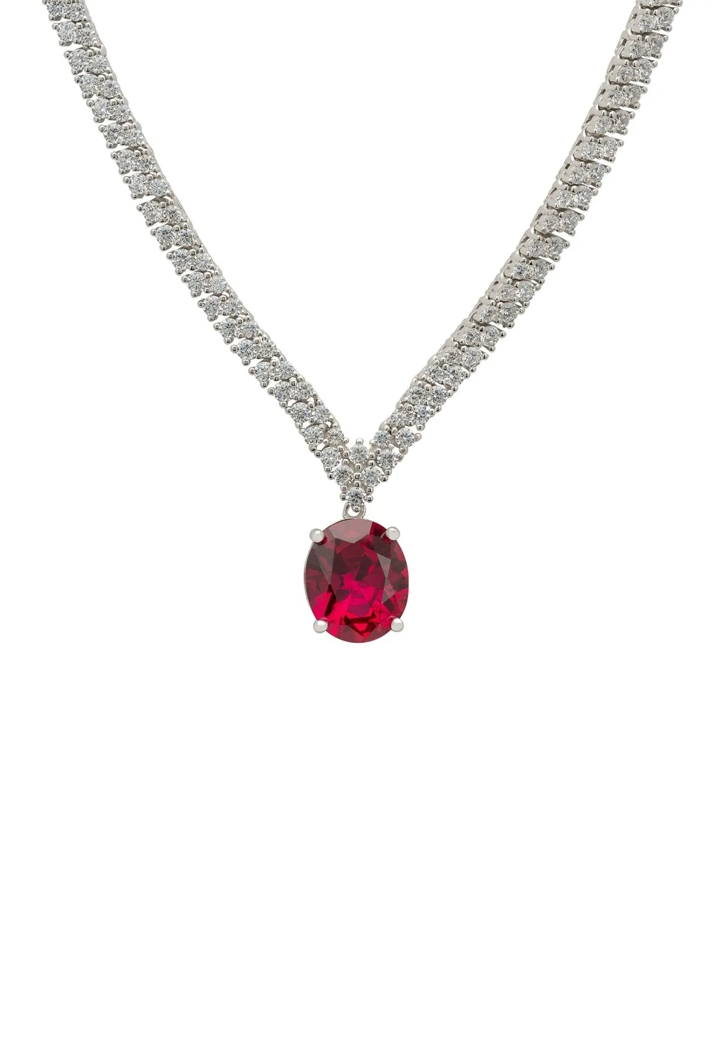 Garbo Oval Gemstone Tennis Necklace in Silver with Ruby