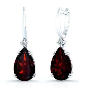Garnet Pear And Diamond Earrings In 14k White Gold